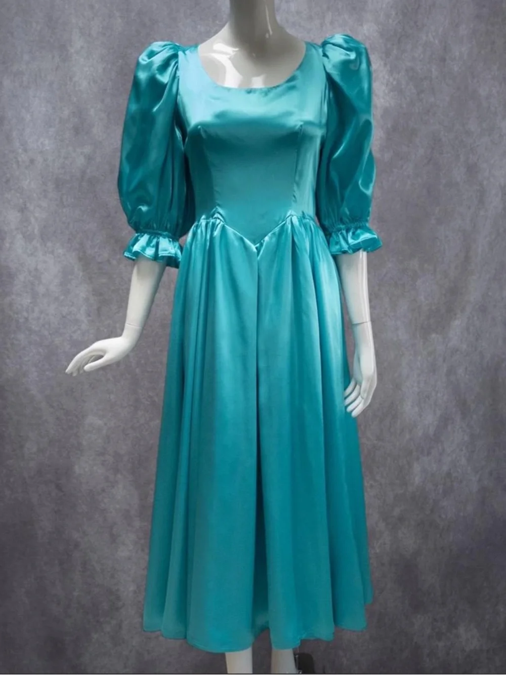 Vintage 80s Teal Satin Formal Prom Dress with Matching Capelet and Bow,‎ Size M